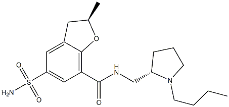 (R)-2,3-ジヒドロ-N-[[(2S)-1-ブチル-2-ピロリジニル]メチル]-2-メチル-5-スルファモイルベンゾフラン-7-カルボアミド 化学構造式