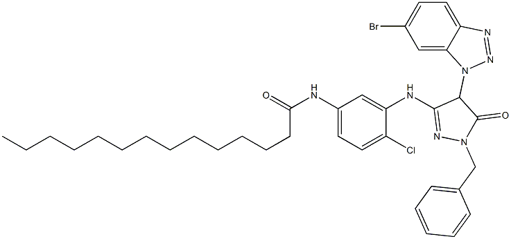 1-Benzyl-4-(6-bromo-1H-benzotriazol-1-yl)-3-[2-chloro-5-(tetradecanoylamino)anilino]-5(4H)-pyrazolone Structure