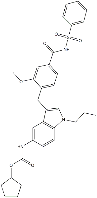 4-[5-(Cyclopentyloxycarbonylamino)-1-propyl-1H-indol-3-ylmethyl]-3-methoxy-N-(phenylsulfonyl)benzamide,,结构式