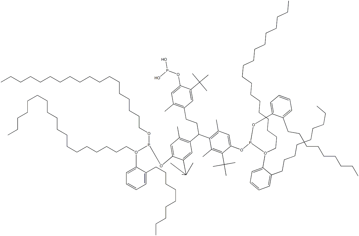 [3-メチル-1,1,3-プロパントリイルトリス(2-tert-ブチル-5-メチル-4,1-フェニレンオキシ)]トリス(亜ホスホン酸)O,O',O'-トリオクタデシルO,O'',O''-トリス(2-ノニルフェニル) 化学構造式