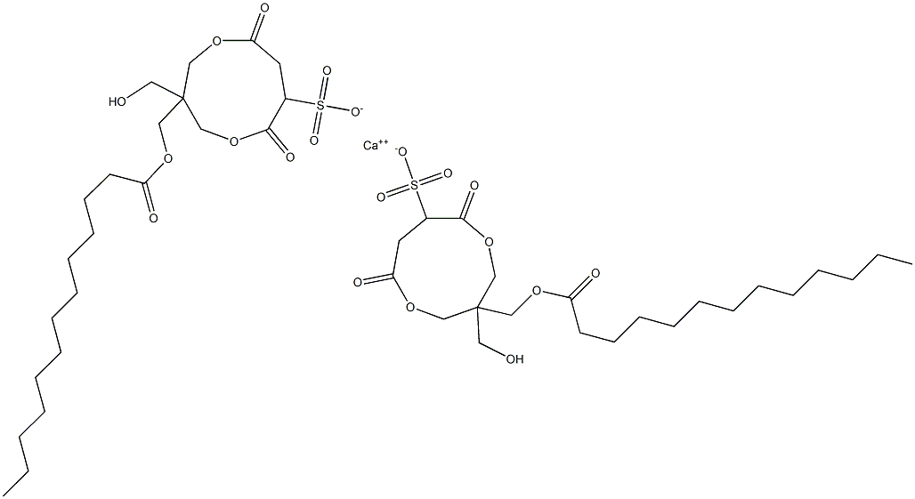 ビス[1-(トリデカノイルオキシメチル)-1-(ヒドロキシメチル)-4,7-ジオキソ-3,8-ジオキサシクロノナン-6-スルホン酸]カルシウム 化学構造式