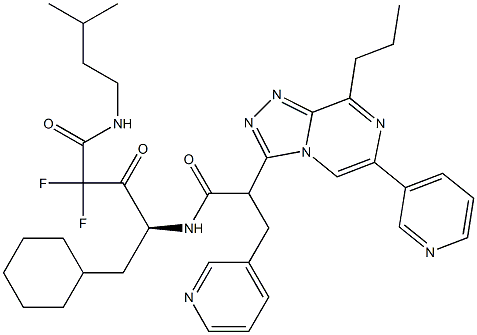 (4S)-5-シクロヘキシル-2,2-ジフルオロ-N-イソペンチル-4-[3-(3-ピリジニル)-2-[6-(3-ピリジニル)-8-プロピル-1,2,4-トリアゾロ[4,3-a]ピラジン-3-イル]プロパノイルアミノ]-3-オキソバレルアミド 化学構造式
