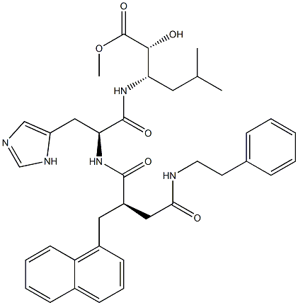 (2R,3S)-3-[[N-[(2R)-3-[(フェネチルアミノ)カルボニル]-2-[(ナフタレン-1-イル)メチル]プロピオニル]-L-ヒスチジル]アミノ]-5-メチル-2-ヒドロキシヘキサン酸メチル 化学構造式