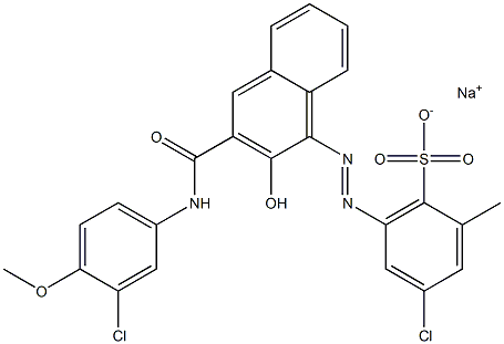 4-クロロ-2-メチル-6-[[3-[[(3-クロロ-4-メトキシフェニル)アミノ]カルボニル]-2-ヒドロキシ-1-ナフチル]アゾ]ベンゼンスルホン酸ナトリウム 化学構造式