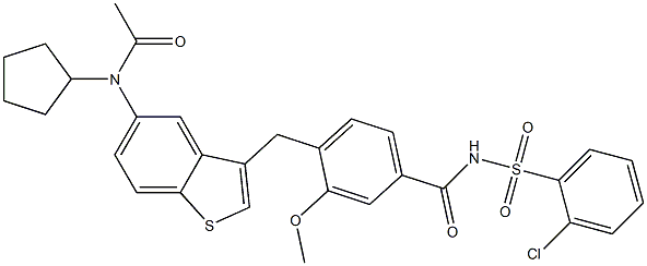 4-[5-(Cyclopentylacetylamino)-1-benzothiophen-3-ylmethyl]-3-methoxy-N-(2-chlorophenylsulfonyl)benzamide Struktur