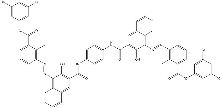1,4-Bis[1-[[6-methyl-5-(3,5-dichlorophenoxycarbonyl)phenyl]azo]-2-hydroxy-3-naphthoylamino]benzene Struktur