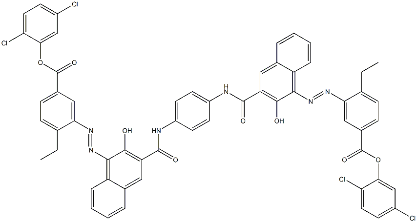 1,4-ビス[1-[[2-エチル-5-(2,5-ジクロロフェノキシカルボニル)フェニル]アゾ]-2-ヒドロキシ-3-ナフトイルアミノ]ベンゼン 化学構造式