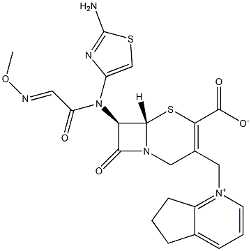 (7R)-7-[(2-Amino-4-thiazolyl)(methoxyimino)acetylamino]-3-[[(6,7-dihydro-5H-cyclopenta[b]pyridin-1-ium)-1-yl]methyl]cepham-3-ene-4-carboxylic acid 结构式