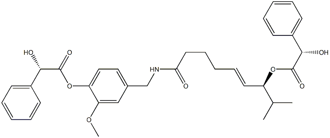 [7S,5E,(+)]-N-[[4-[[(S)-Phenylhydroxyacetyl]oxy]-3-methoxyphenyl]methyl]-8-methyl-7-[[(S)-phenylhydroxyacetyl]oxy]-5-nonenamide Struktur