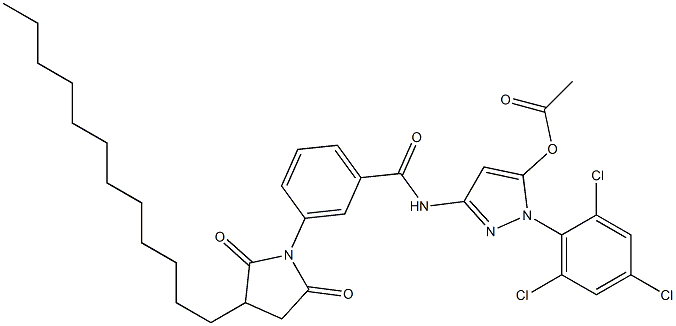 5-アセトキシ-3-[3-(3-ドデシルスクシンイミジル)ベンゾイルアミノ]-1-(2,4,6-トリクロロフェニル)-1H-ピラゾール 化学構造式