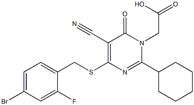 2-Cyclohexyl-4-(4-bromo-2-fluorobenzylthio)-5-cyano-6-oxopyrimidine-1(6H)-acetic acid,,结构式