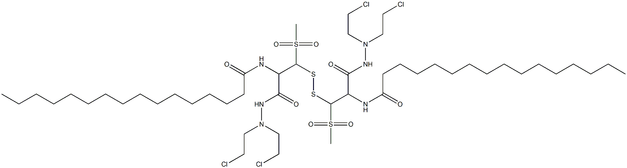 3,3'-ジチオビス[N',N'-ビス(2-クロロエチル)-2-ヘキサデカノイルアミノ-3-メチルスルホニルプロピオン酸ヒドラジド] 化学構造式