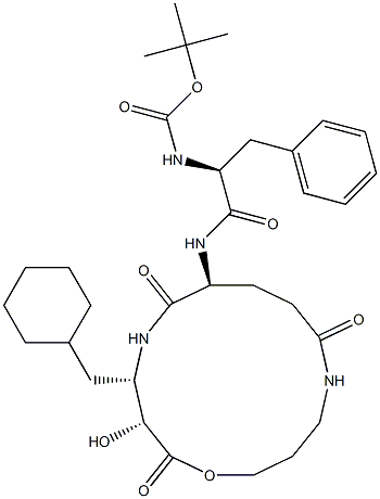 (3R,4S,7S)-7-[(S)-2-(tert-Butyloxycarbonylamino)-3-phenylpropanoylamino]-4-(cyclohexylmethyl)-3-hydroxy-1-oxa-5,11-diazacyclotetradecane-2,6,10-trione 结构式