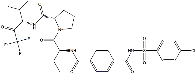 (2S)-N-[(1S)-3,3,3-トリフルオロ-1-イソプロピル-2-オキソプロピル]-1-[(2S)-2-[4-[(4-クロロフェニル)スルホニルアミノカルボニル]ベンゾイルアミノ]-3-メチル-1-オキソブチル]ピロリジン-2-カルボアミド 化学構造式