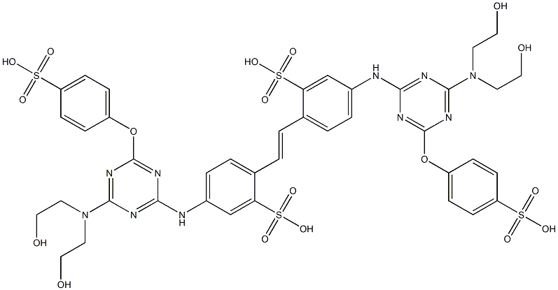 4,4'-ビス[4-[ビス(2-ヒドロキシエチル)アミノ]-6-(p-スルホフェノキシ)-1,3,5-トリアジン-2-イルアミノ]-2,2'-スチルベンジスルホン酸 化学構造式