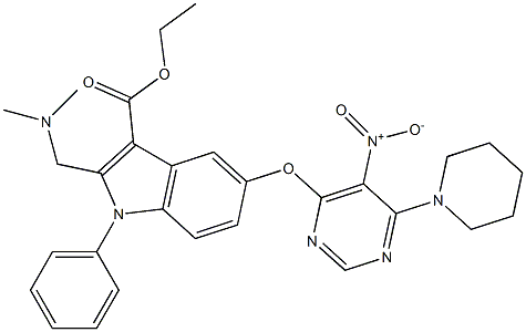 1-フェニル-2-[(ジメチルアミノ)メチル]-5-[5-ニトロ-6-ピペリジノピリミジン-4-イルオキシ]-1H-インドール-3-カルボン酸エチル 化学構造式