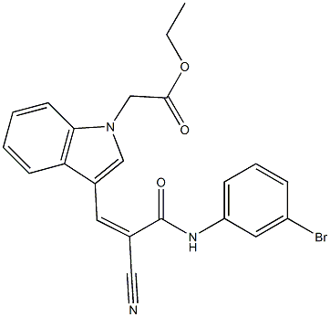 {3-[(Z)-2-(3-Bromo-phenylcarbamoyl)-2-cyano-vinyl]-indol-1-yl}-acetic acid ethyl ester 化学構造式
