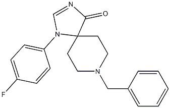 8-Benzyl-1-(4-fluoro-phenyl)-1,3,8-triaza-spiro[4.5]dec-2-en-4-one 化学構造式