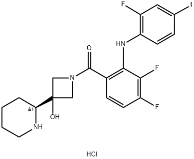 (S)-(3,4-difluoro-2-((2-fluoro-4-iodophenyl)amino)phenyl)(3-hydroxy-3-(piperidin-2-yl)azetidin-1-yl)methanone HCL 化学構造式