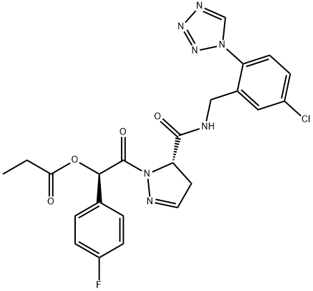 (1R)-2-[(5S)-5-({[5-chloro-2-(1H-1,2,3,4-tetrazol-1-yl)phenyl]methyl}carbamoyl)-4,5-dihydro-1H-pyrazol-1-yl]-1-(4-fluorophenyl)-2-oxoethyl propanoate 化学構造式
