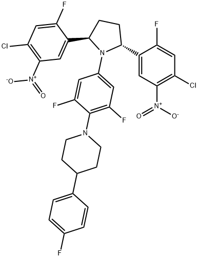 1-(4-((2R,5R)-2,5-bis(4-chloro-2-fluoro-5-nitrophenyl)pyrrolidin-1-yl)-2,6-difluorophenyl)-4-(4-fluorophenyl)piperidine 化学構造式