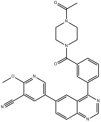 5-[4-[3-[(4-Acetyl-1-piperazinyl)carbonyl]phenyl]-6-quinazolinyl]-2-methoxy-3-pyridinecarbonitrile 化学構造式