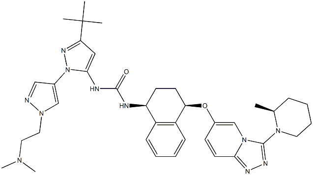 1-(3-(tert-butyl)-1'-(2-(dimethylamino)ethyl)-1'H-[1,4'-bipyrazol]-5-yl)- 3-((1S,4R)-4-((3-((S)-2-methylpiperidin-1-yl)-[1,2,4]triazolo[4,3-a]pyridin-6-yl)oxy)- 1,2,3,4-tetrahydronaphthalen-1-yl)urea Struktur