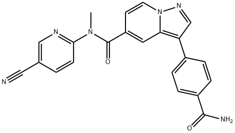 Pyrazolo[1,5-a]pyridine-5-carboxamide, 3-[4-(aminocarbonyl)phenyl]-N-(5-cyano-2-pyridinyl)-N-methyl- Structure