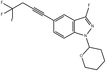 1H-Indazole,3-fluoro-1-(tetrahydro-2H-pyran-2-yl)-5-(4,4,4-trifluoro-1-butyn-1-yl)- 化学構造式