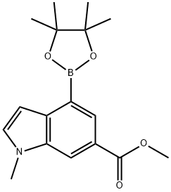 1-甲基-4-(4,4,5,5-四甲基-1,3,2-二氧硼杂环戊烷-2-基)-1H-吲哚-6-甲酸甲酯 结构式