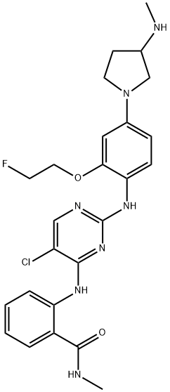 Benzamide, 2-[[5-chloro-2-[[2-(2-fluoroethoxy)-4-[3-(methylamino)-1-pyrrolidinyl]phenyl]amino]-4-pyrimidinyl]amino]-N-methyl- 化学構造式