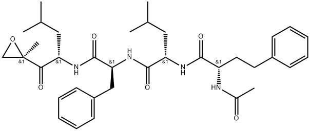 (S)-2-((S)-2-Acetamido-4-phenylbutanamido)-4-methyl-N-((S)-1-(((S)-4-methyl-1-((R)-2-methyloxiran-2-yl)-1-oxopentan-2-yl)amino)-1-oxo-3-phenylpropan-2-yl)pentanamide 化学構造式