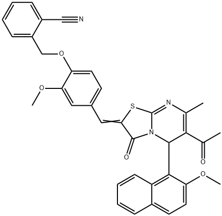 2-[(4-{[6-acetyl-5-(2-methoxy-1-naphthyl)-7-methyl-3-oxo-5H-[1,3]thiazolo[3,2-a]pyrimidin-2(3H)-ylidene]methyl}-2-methoxyphenoxy)methyl]benzonitrile 结构式