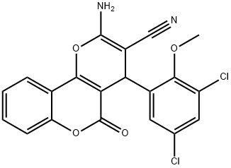 2-amino-4-(3,5-dichloro-2-methoxyphenyl)-5-oxo-4H,5H-pyrano[3,2-c]chromene-3-carbonitrile Struktur