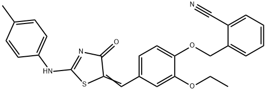 2-{[2-ethoxy-4-({2-[(4-methylphenyl)imino]-4-oxo-1,3-thiazolidin-5-ylidene}methyl)phenoxy]methyl}benzonitrile Structure