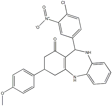 11-{4-chloro-3-nitrophenyl}-3-(4-methoxyphenyl)-2,3,4,5,10,11-hexahydro-1H-dibenzo[b,e][1,4]diazepin-1-one Struktur