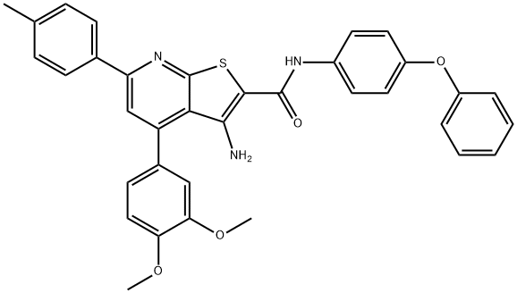 3-amino-4-(3,4-dimethoxyphenyl)-6-(4-methylphenyl)-N-(4-phenoxyphenyl)thieno[2,3-b]pyridine-2-carboxamide 结构式