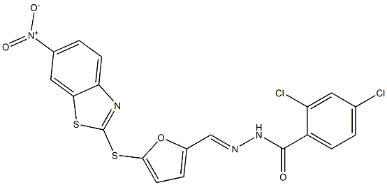 2,4-dichloro-N'-{[5-({6-nitro-1,3-benzothiazol-2-yl}sulfanyl)-2-furyl]methylene}benzohydrazide 结构式