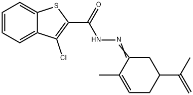 3-chloro-N'-(5-isopropenyl-2-methyl-2-cyclohexen-1-ylidene)-1-benzothiophene-2-carbohydrazide Struktur