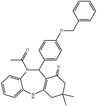 10-acetyl-11-[4-(benzyloxy)phenyl]-3,3-dimethyl-2,3,4,5,10,11-hexahydro-1H-dibenzo[b,e][1,4]diazepin-1-one 化学構造式