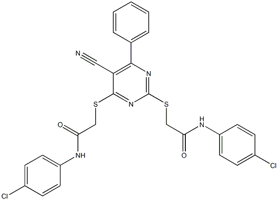 2-[(2-{[2-(4-chloroanilino)-2-oxoethyl]sulfanyl}-5-cyano-6-phenyl-4-pyrimidinyl)sulfanyl]-N-(4-chlorophenyl)acetamide Structure