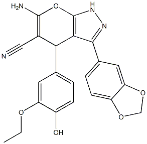 6-amino-3-(1,3-benzodioxol-5-yl)-4-(3-ethoxy-4-hydroxyphenyl)-1,4-dihydropyrano[2,3-c]pyrazole-5-carbonitrile 化学構造式