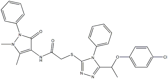 2-({5-[1-(4-chlorophenoxy)ethyl]-4-phenyl-4H-1,2,4-triazol-3-yl}sulfanyl)-N-(1,5-dimethyl-3-oxo-2-phenyl-2,3-dihydro-1H-pyrazol-4-yl)acetamide 化学構造式