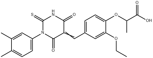 2-{4-[(1-(3,4-dimethylphenyl)-4,6-dioxo-2-thioxotetrahydro-5(2H)-pyrimidinylidene)methyl]-2-ethoxyphenoxy}propanoic acid,430468-99-8,结构式