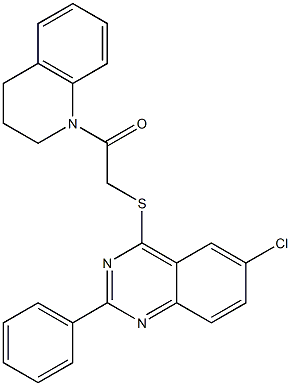 6-chloro-4-{[2-(3,4-dihydro-1(2H)-quinolinyl)-2-oxoethyl]sulfanyl}-2-phenylquinazoline Struktur