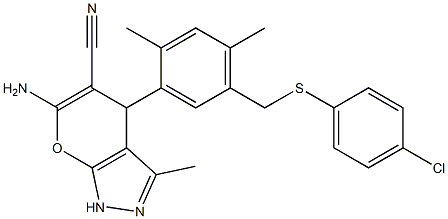 6-amino-4-(5-{[(4-chlorophenyl)sulfanyl]methyl}-2,4-dimethylphenyl)-3-methyl-1,4-dihydropyrano[2,3-c]pyrazole-5-carbonitrile Struktur