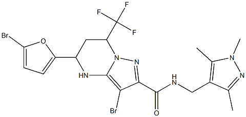 3-bromo-5-(5-bromo-2-furyl)-7-(trifluoromethyl)-N-[(1,3,5-trimethyl-1H-pyrazol-4-yl)methyl]-4,5,6,7-tetrahydropyrazolo[1,5-a]pyrimidine-2-carboxamide 化学構造式