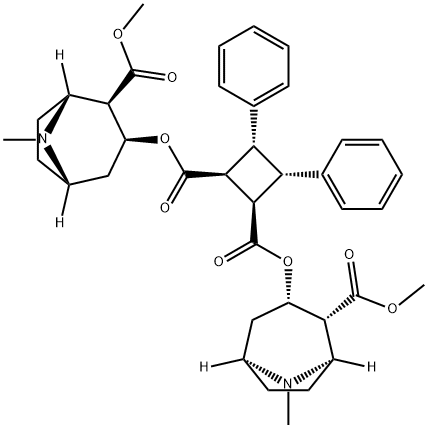 1,2-Cyclobutanedicarboxylic acid, 3,4-diphenyl-, 1,2-bis[(1R,2R,3S,5S)-2-(methoxycarbonyl)-8-methyl-8-azabicyclo[3.2.1]oct-3-yl] ester, (1R,2S,3R,4S)- 化学構造式