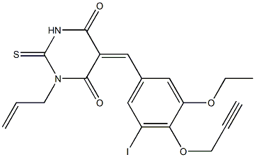 1-allyl-5-[3-ethoxy-5-iodo-4-(prop-2-ynyloxy)benzylidene]-2-thioxodihydropyrimidine-4,6(1H,5H)-dione Structure
