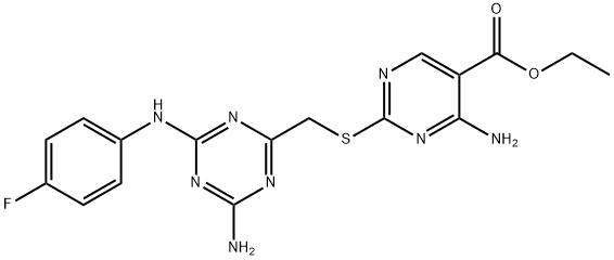 ethyl 4-amino-2-({[4-amino-6-(4-fluoroanilino)-1,3,5-triazin-2-yl]methyl}sulfanyl)pyrimidine-5-carboxylate|